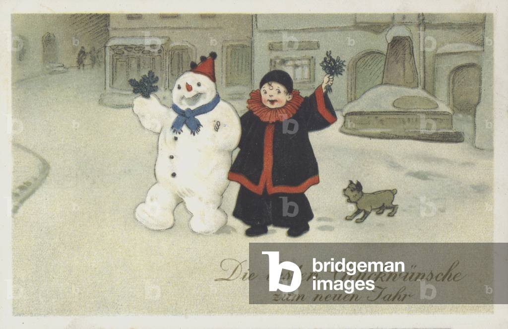 German New Year greetings card depicting a snowman and a clown in a snowy town. (chromolitho)