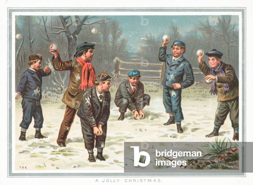 Boys having a snowball fight, Christmas Card (chromolitho)