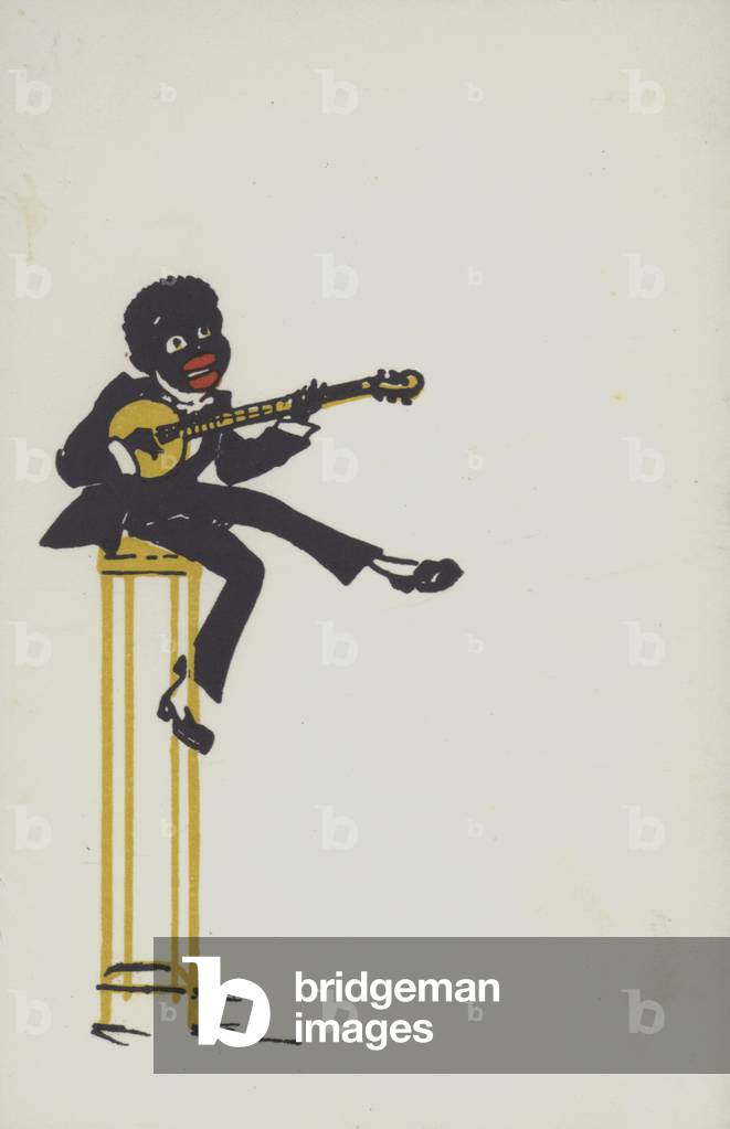 Black musician playing a banjo (colour litho)
