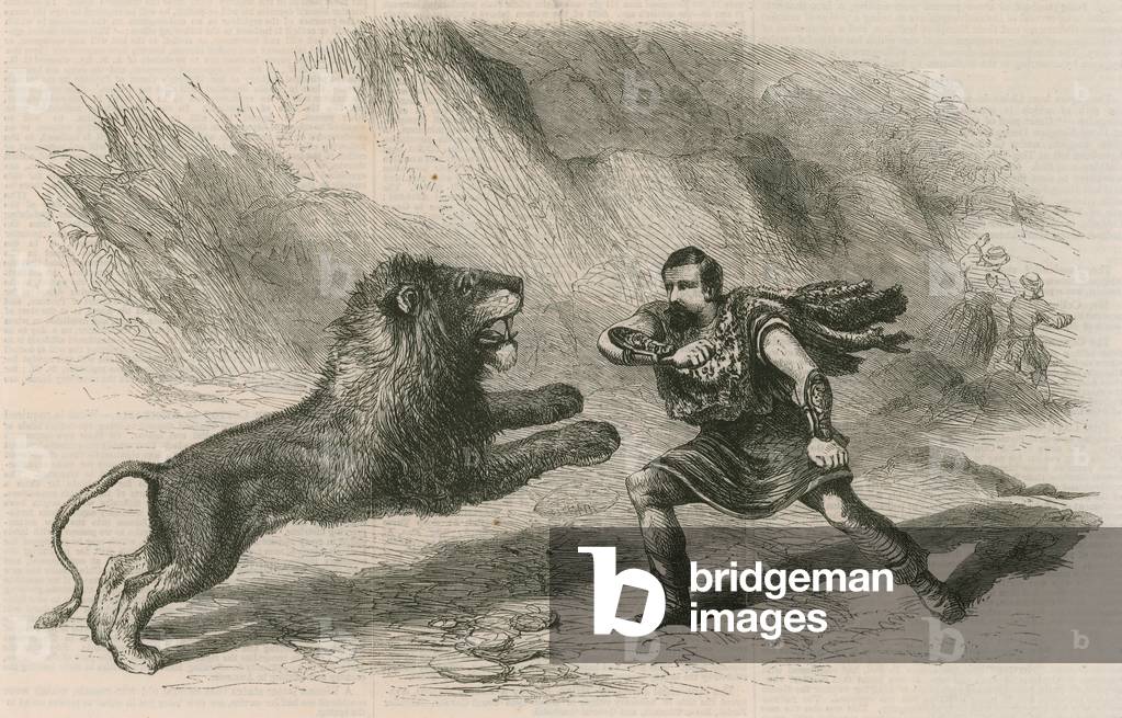 Mr Crockett, the lion-tamer, performing with his lions at Astley's Theatre, London (engraving)
