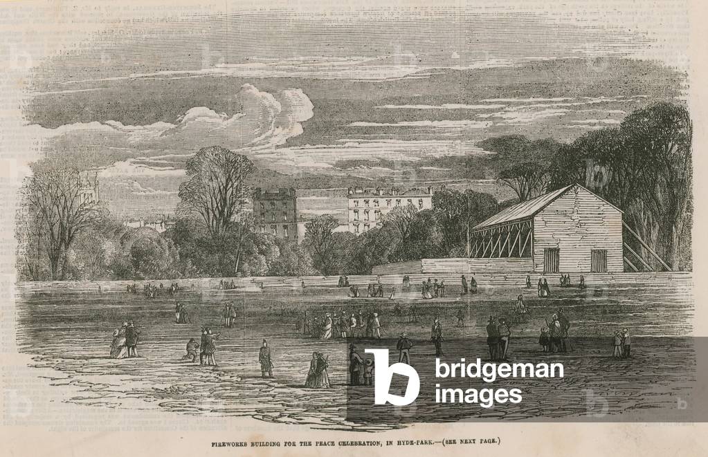 Fireworks building for the peace celebration in Hyde Park, London (engraving)