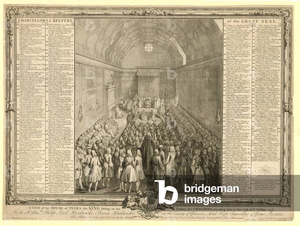 A view of the House of Peers, the king sitting on his throne, the Commons attending him at the end of the session 1741/2 (engraving)