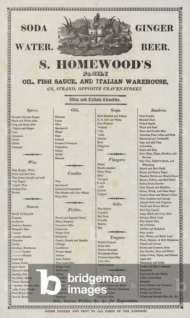 Advertisement for S Homewood's oil, fish sauce and Italian warehouse (litho)
