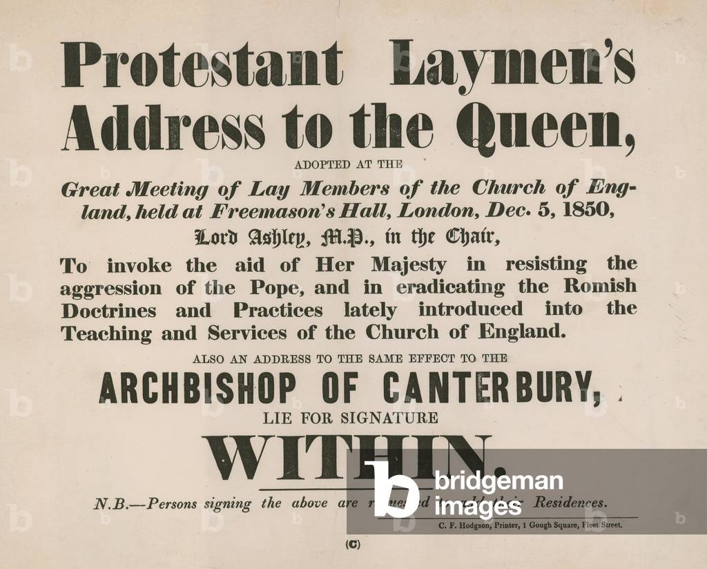 Advert for the Protestant Layman's Address to the Queen (engraving)