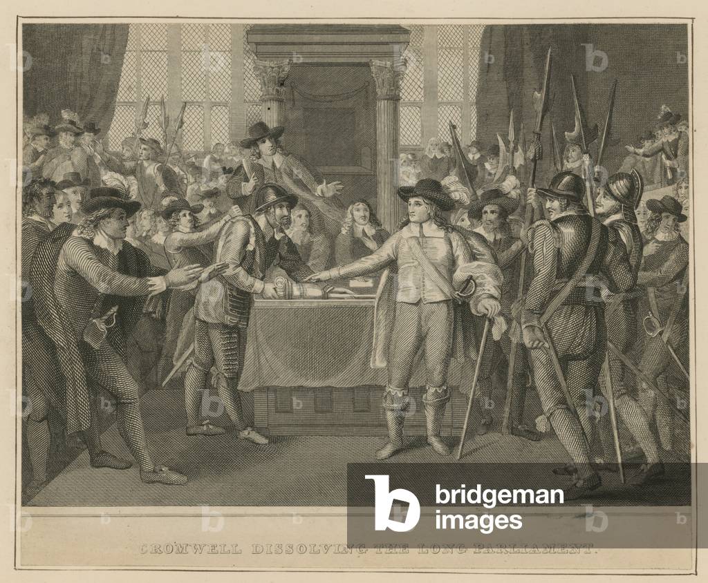Oliver Cromwell dissolves the Long Parliament (engraving)