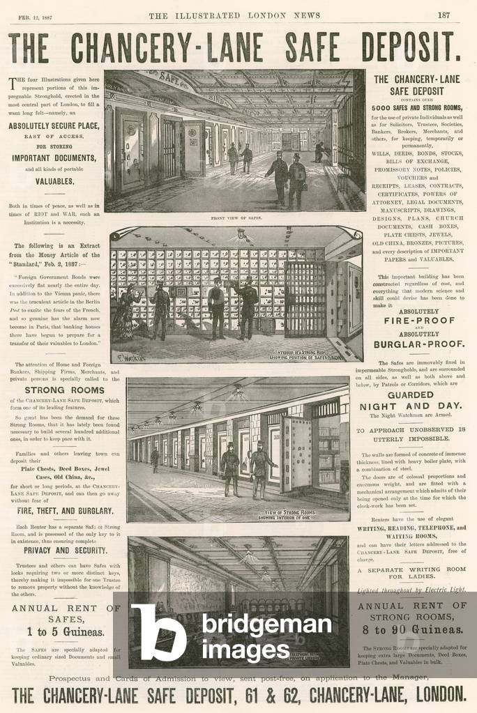 Advertising for the Chancery Lane Safe Deposit, 61-62 Chancery Lane, London; (engraving)