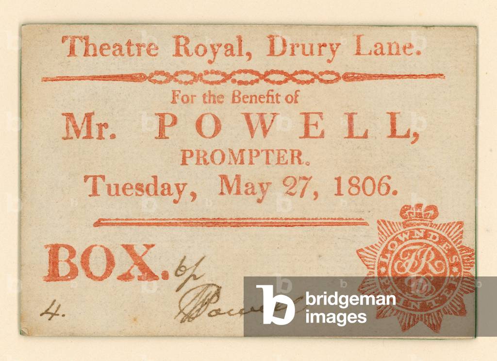 Ticket for Drury Lane Theatre, London: For the Benefit of Mr Powell, prompter, 27 May 1806 (engraving)