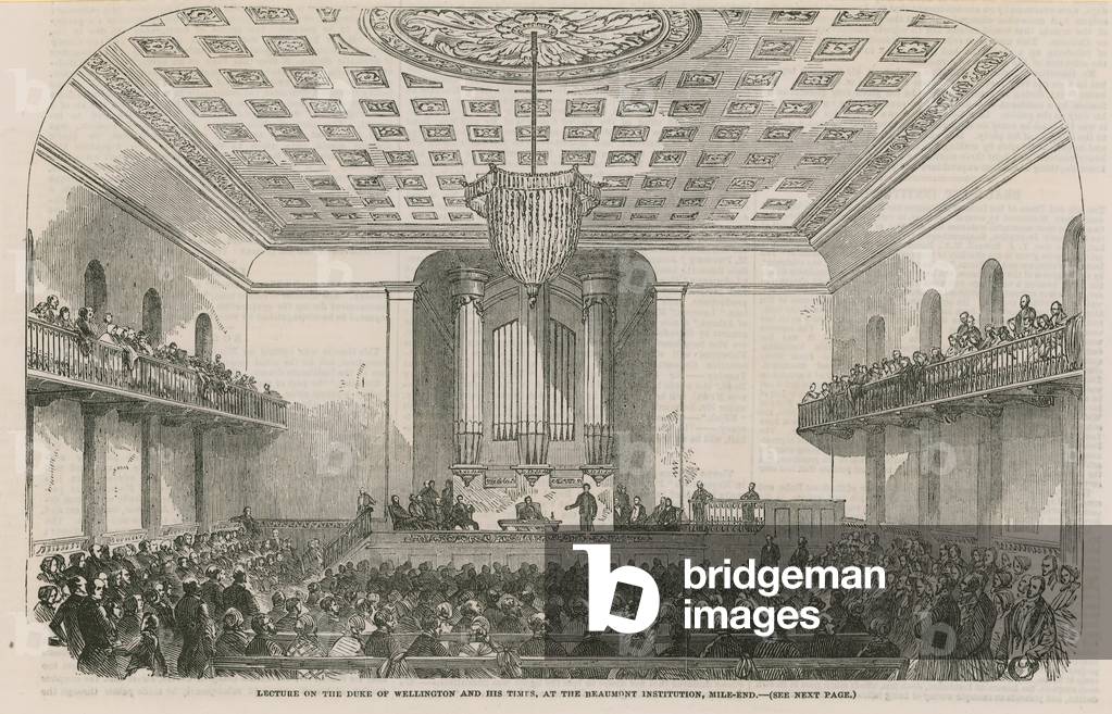 Lecture on the Duke of Wellington and his times, at the Beamont Institution, Mile End (engraving)