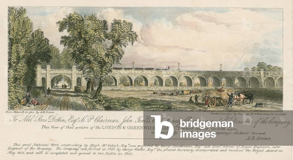 View of a portion of the London and Greenwich Viaduct, where it crosses Corbett's Lane, London (coloured engraving)