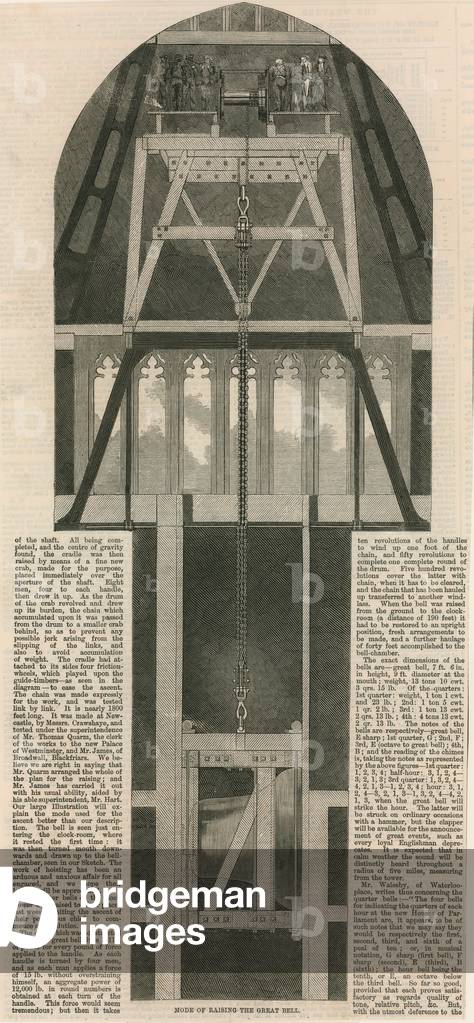 Mode of raising the great bell into the Clock Tower (engraving)