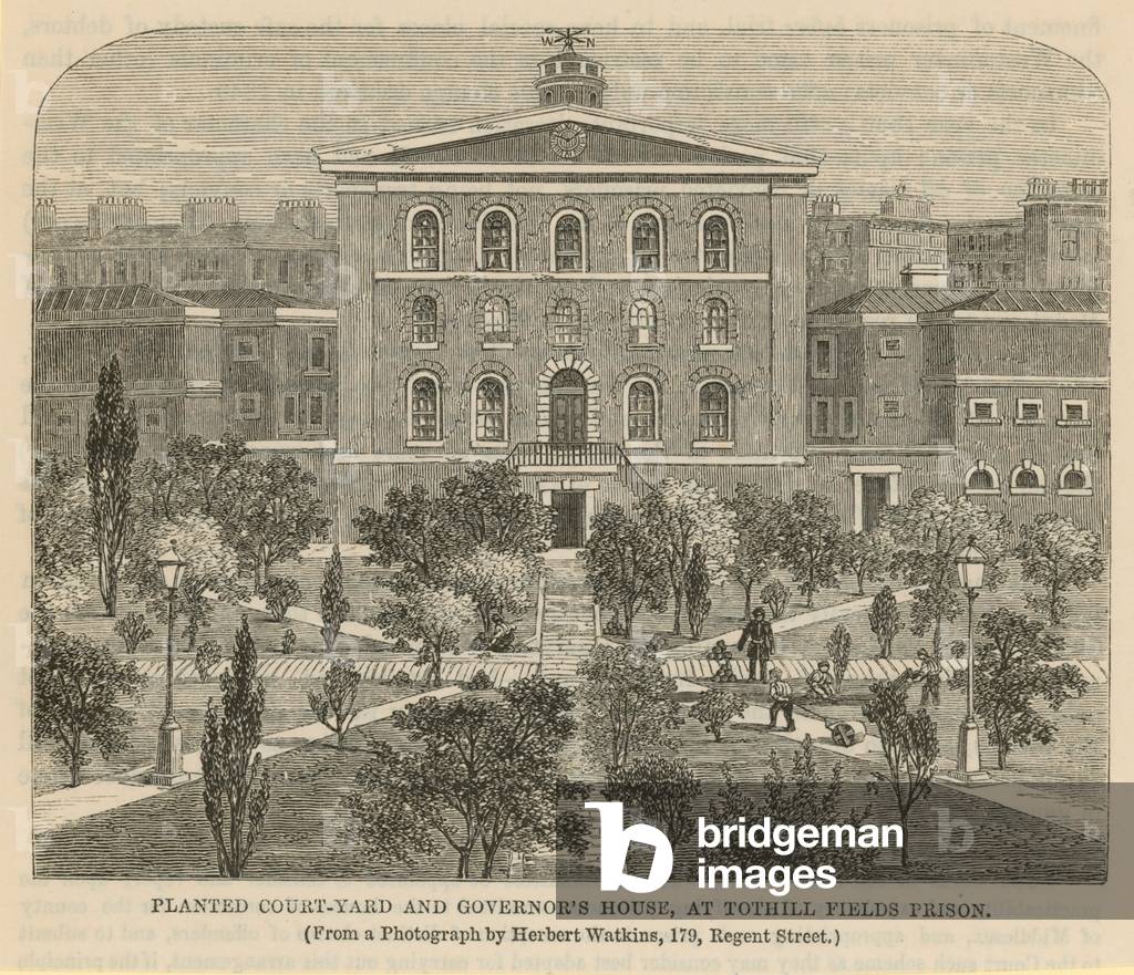 Planted court-yard and Governor's House at Tothill Fields Prison (engraving)
