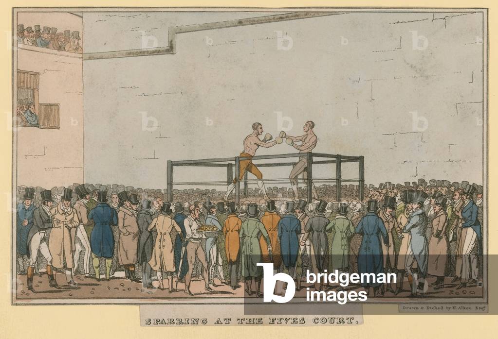 Sparring at the Fives Court (coloured engraving)