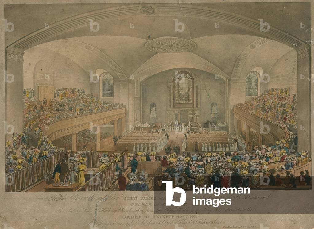 View of Hackney church taken from the organ gallery in May 1827 (coloured engraving)