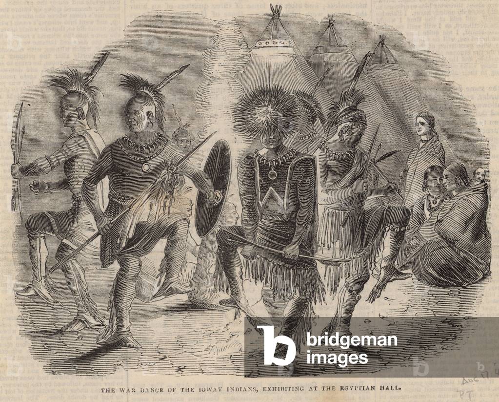 The war dance of the Ioway Indians, exhibiting at the Egyptian Hall (engraving)