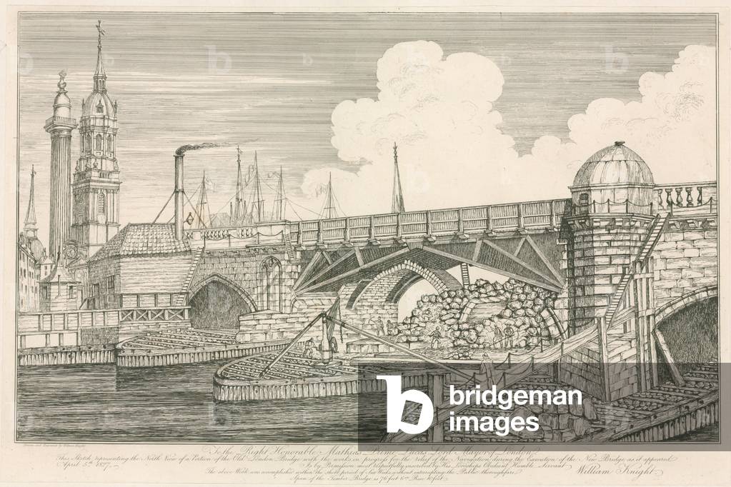 Portion of the Old London Bridge, drawn in 1827 during construction works (engraving)