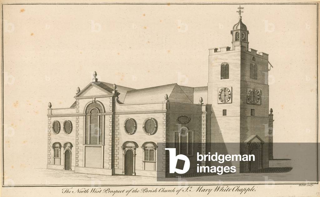 The north west prospect of the Parish Church of St Mary, Whitechaple, London (engraving)