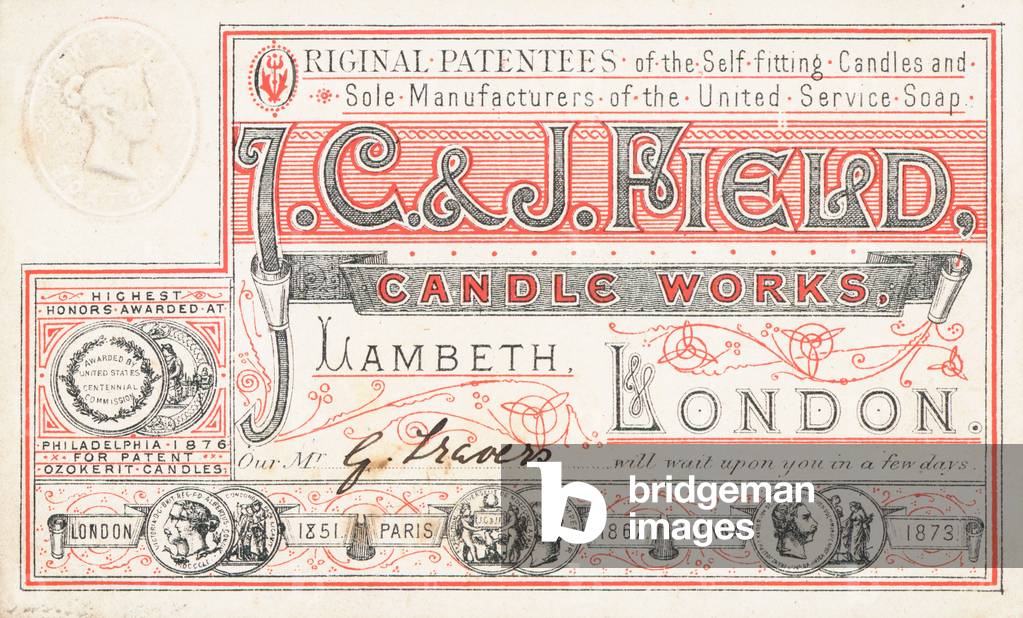Trade card, J C and J Field Candle Works (colour litho)