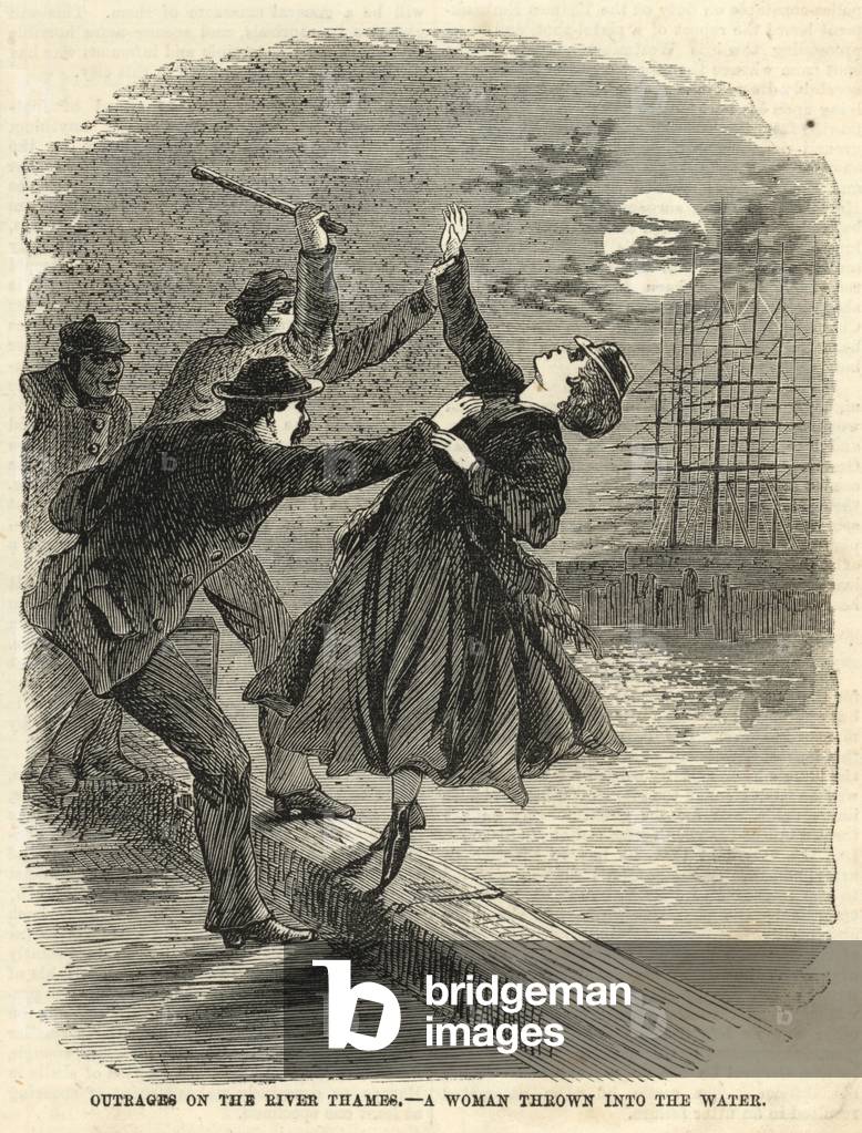 Outrage on the River Thames; A woman thrown into the water (engraving)