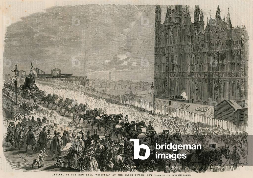Arrival of the new bell Victoria at the Clock Tower, new Palace of Westminster (engraving)