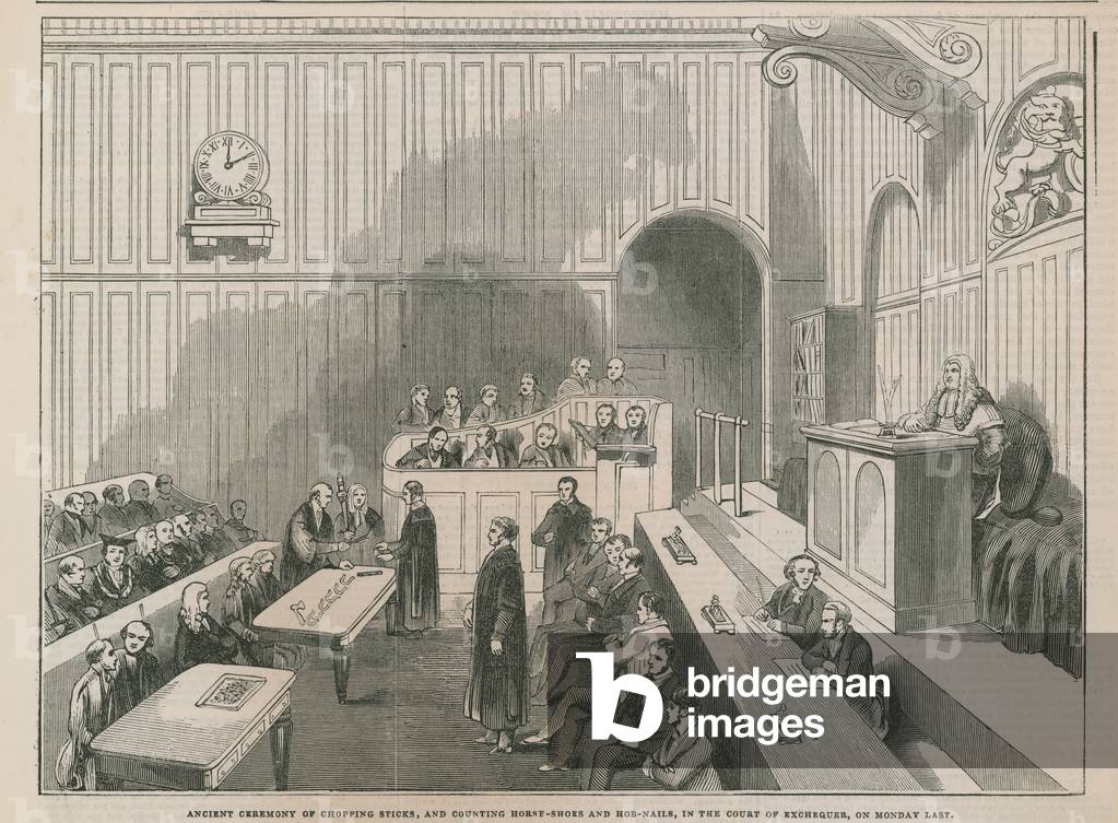 Ancient ceremony of chopping sticks and counting horne-shoes and hob-nails in the Court of Exchequer (engraving)