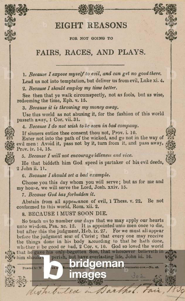 Eight reasons for not going to fairs, races and plays (engraving)