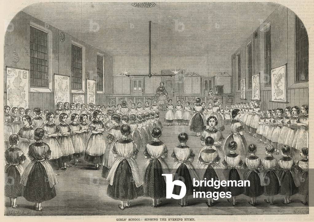 Girls' school: singing the evening hymn (engraving)