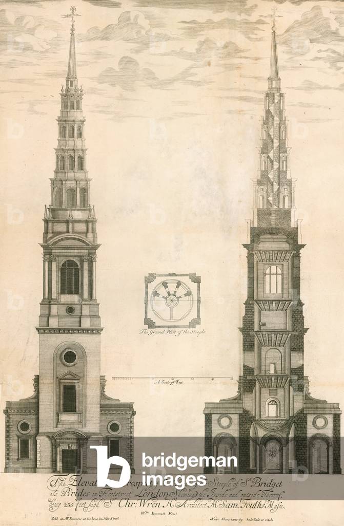 The elevation and prospect of the west end of the steeple of St Brides church in Fleet Street, London (engraving)