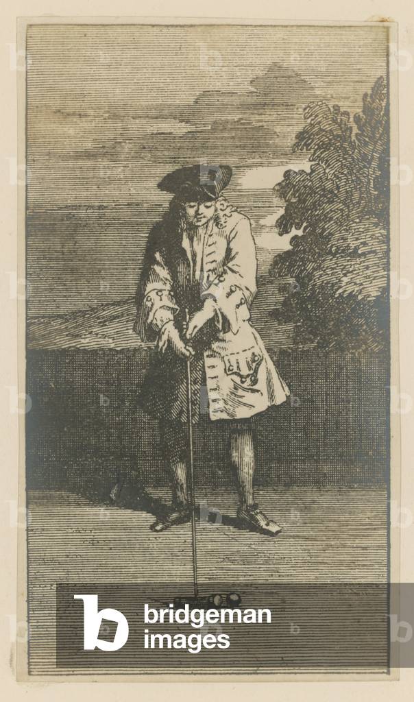 Illustration depicting a man playing croquet (engraving)