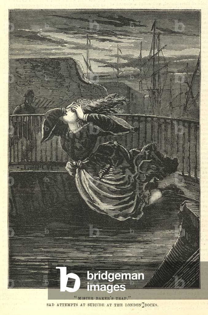 Sad attempts at suicide at the London Docks (engraving)