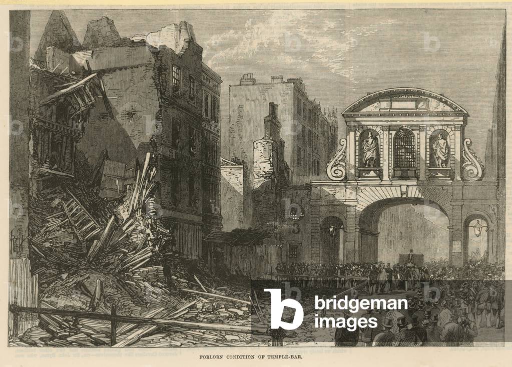 Forlorn condition of Temple Bar (engraving)