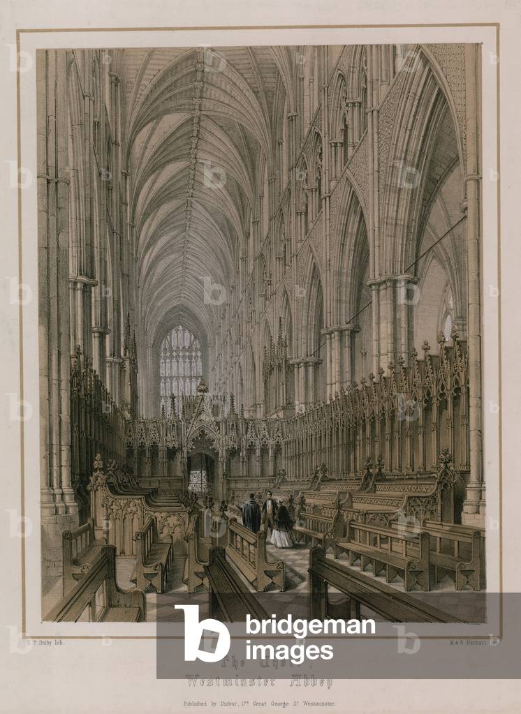 The Choir, Westminster Abbey, London (coloured engraving)