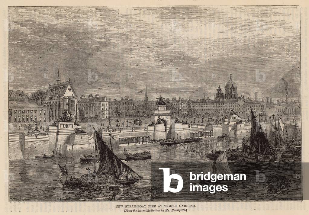 New steam boat pier at Temple Gardens (engraving)