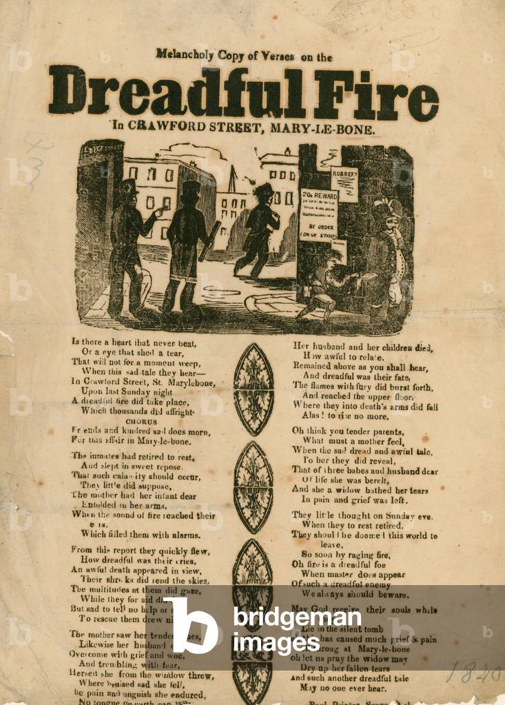 Leaflet with verse relating to a fire in Crawford Street, Marylebone, London (engraving)