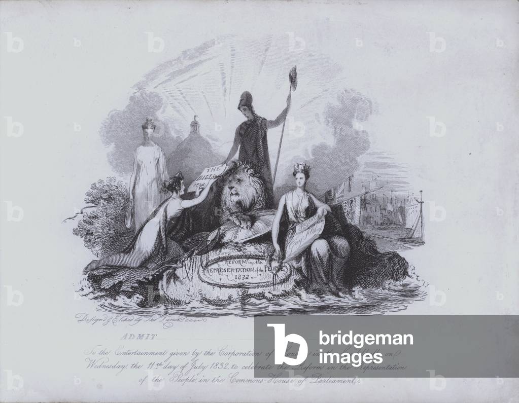 Admission ticket to entertainment in the Guildhall provided by the Corporation of the City of London to celebrate the passing of the Great Reform Act of 1832 by the House of Commons (etching)