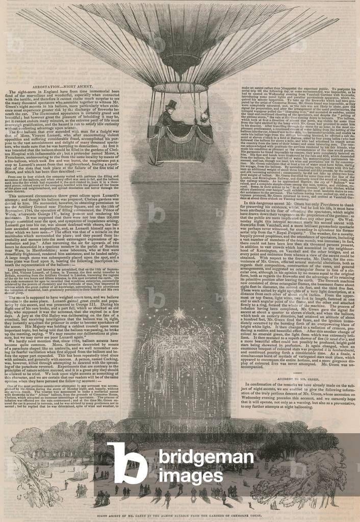 Night ascent of Mr Green in the albion balloon from the gardens of Cremorne House (engraving)