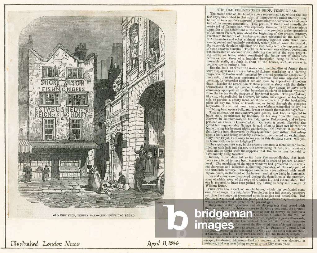 Temple Bar, London. Old Bulk Shop, Old Fish Shop (engraving)