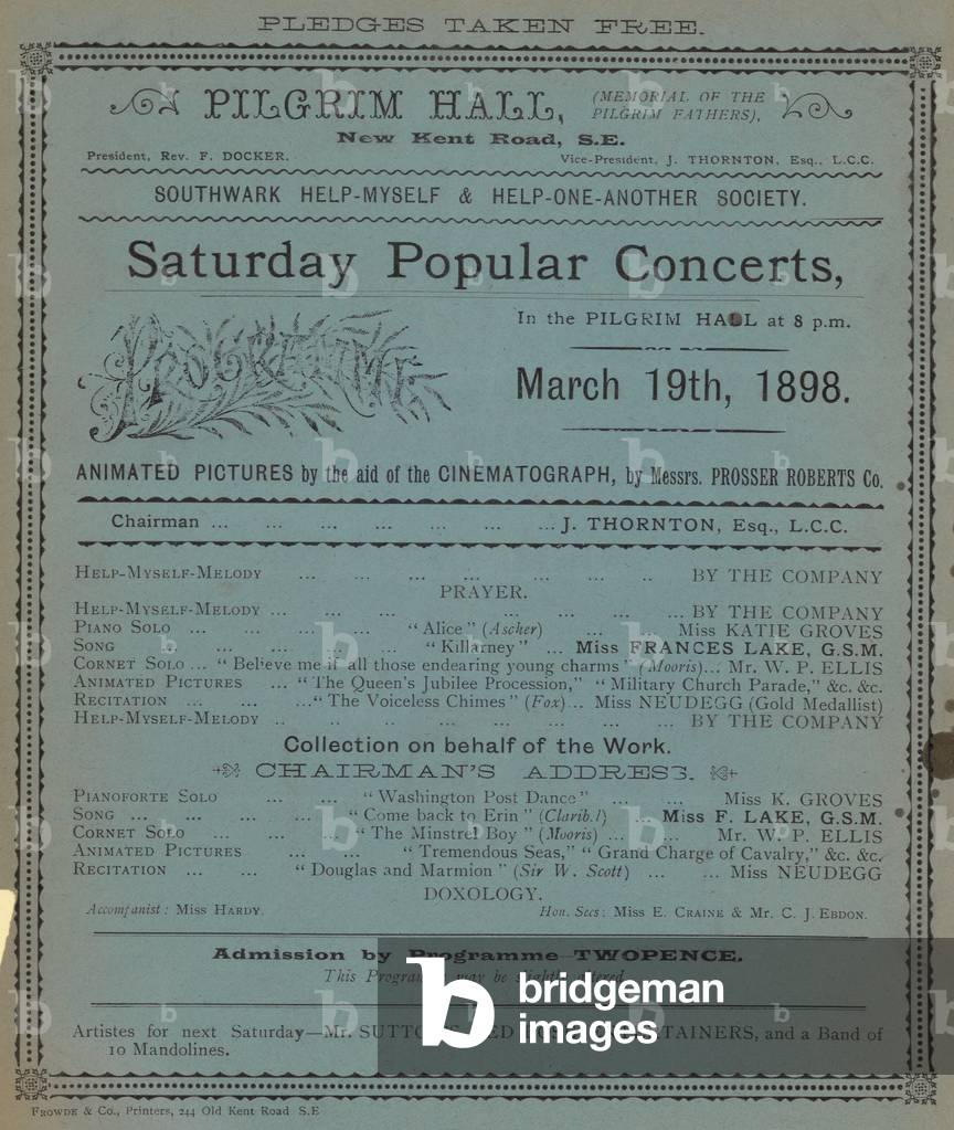 Leaflet advertising the Saturday Popular Concerts at the Pilgrim Hall (engraving)