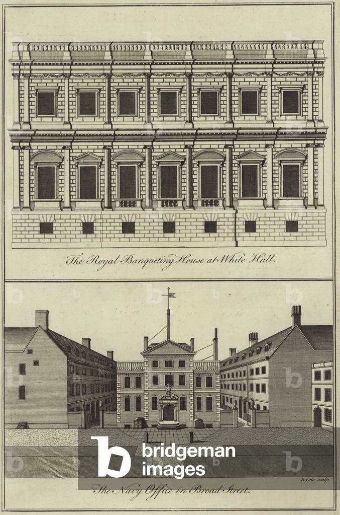The Royal Banqueting House at Whitehall and the Navy Office in Broad Street, London (engraving)