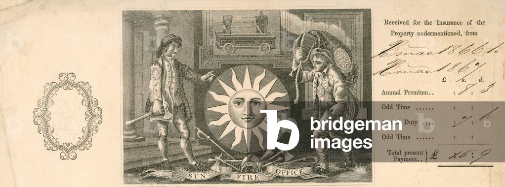 Receipt for payment of insurance from Sun Fire Office, London (engraving)