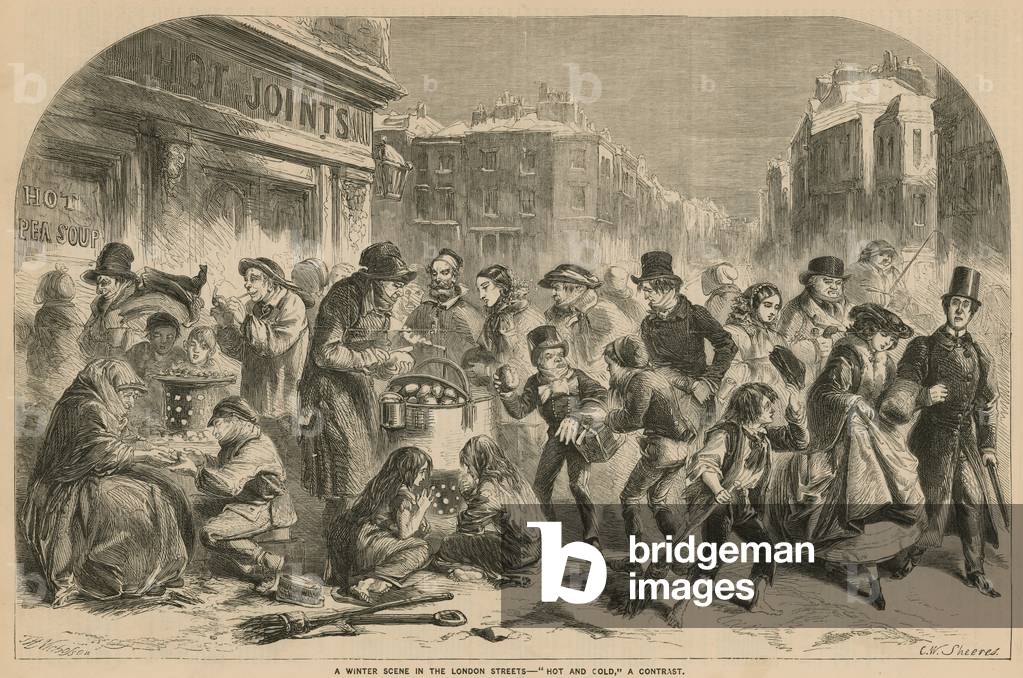 A winter scene in the London streets - hot and cold: a contrast (engraving)