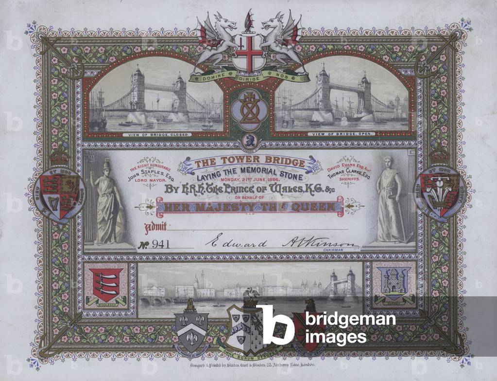 Admission ticket to the ceremonial laying of the memorial stone of Tower Bridge, London, 21 June 1886 (colour litho)