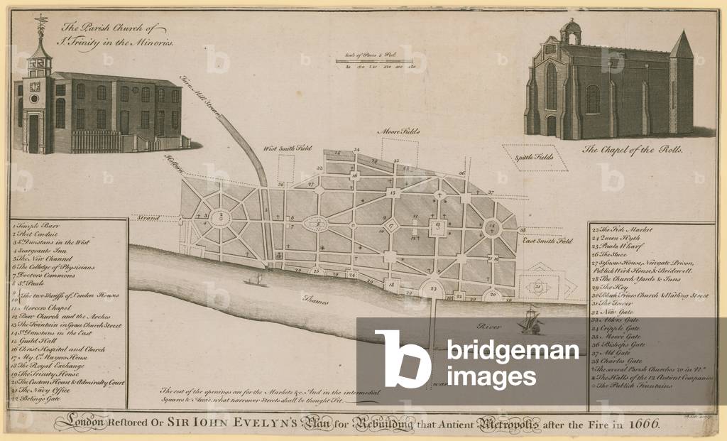 London restored, or Sir John Evelyn's plan for rebuilding that ancient metropolis after the fire in 1666 (engraving)