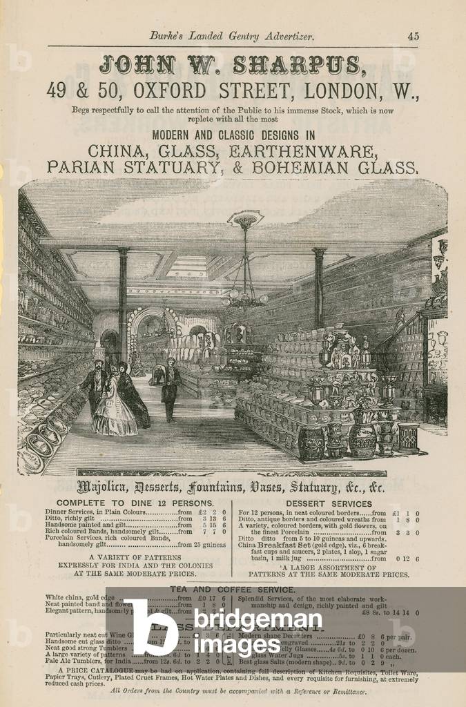 Advert for John W Sharpus, modern and classic designs in china, glass, earthenware, parian statuary and Bohemian glass (engraving)