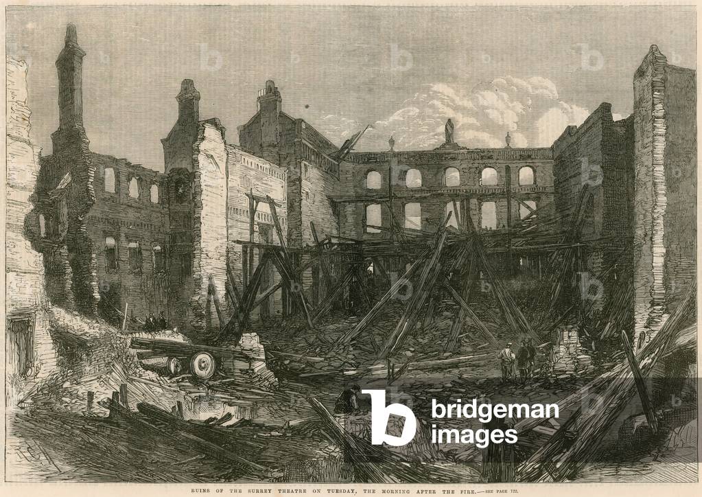 Ruins of the Surrey Theatre on Tuesday, the morning after the fire (engraving)