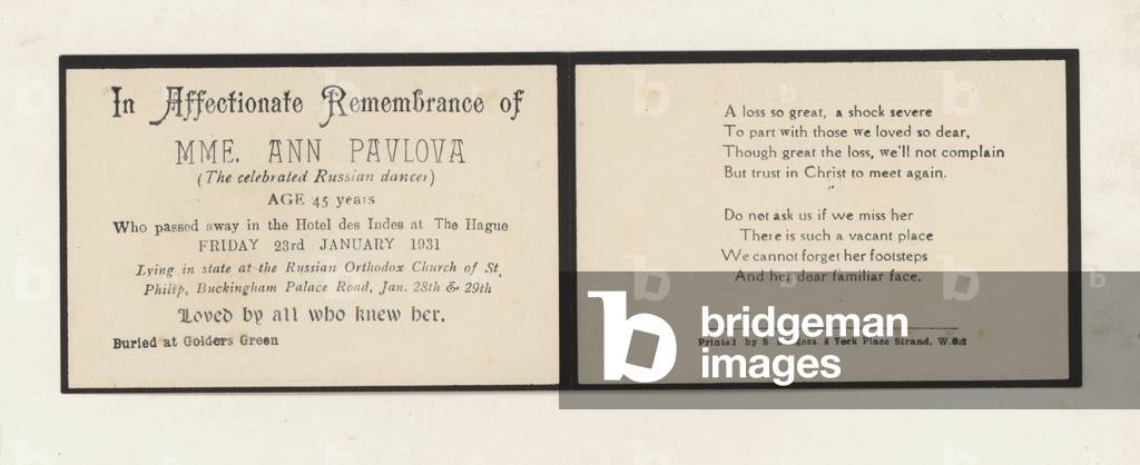 Memorial tribute to Russian ballerina Anna Pavlova, 1931 (litho)