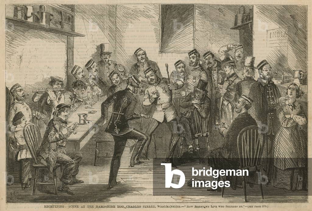 Recruiting: Scene at the Hampshire Hog, Charles Street, Westminster (engraving)