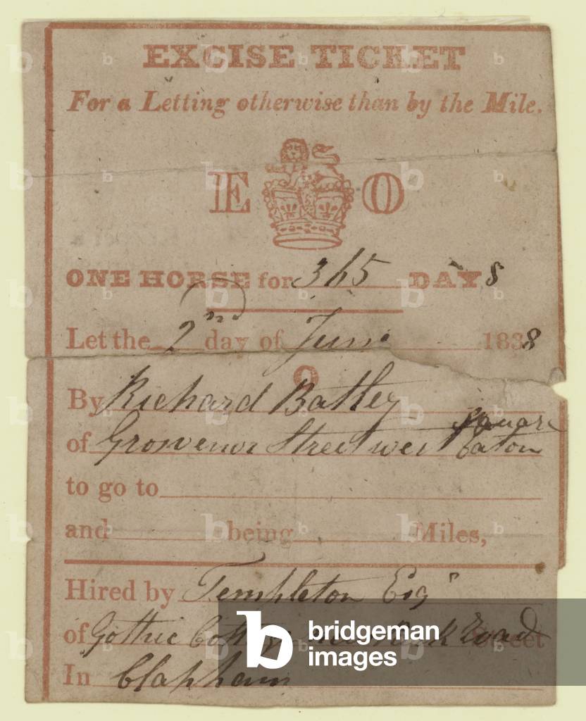 Excise Ticket, for letting otherwise than by the mile, one horse for 365 days, 1838 (engraving)
