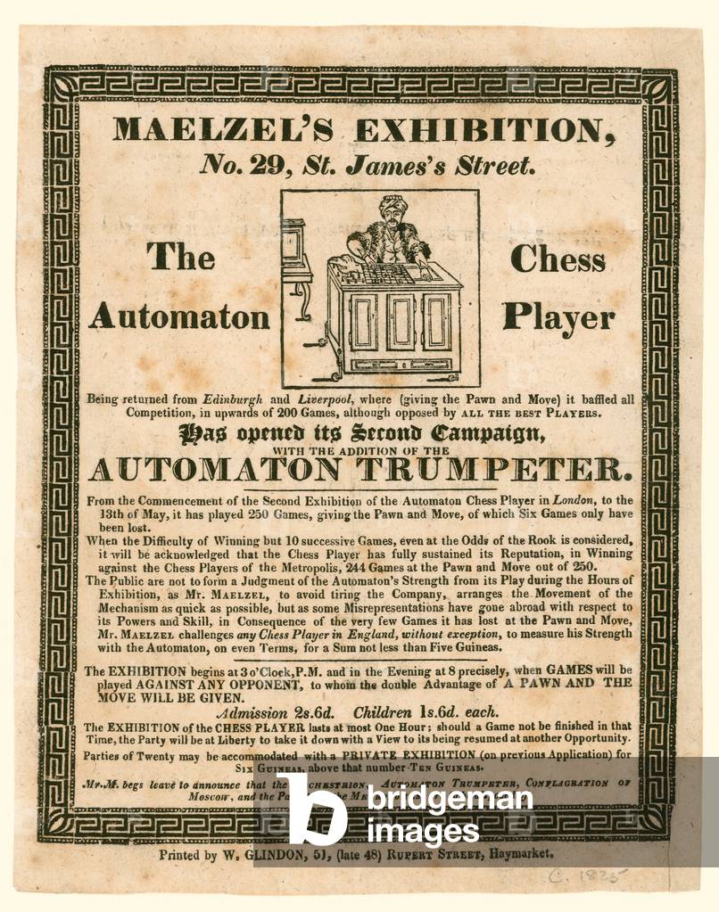 Maelzel's Exhibition, 29 St James's Street, the automaton chess player, c 1825 (engraving)