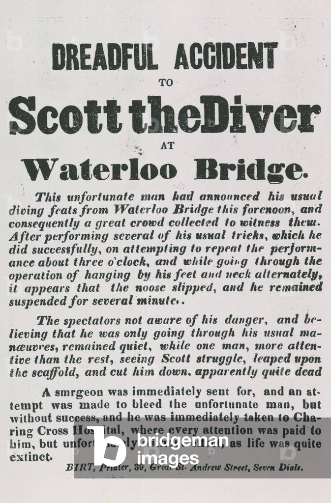 Dreadul accident of Scott the Diver at Waterloo Bridge (engraving)