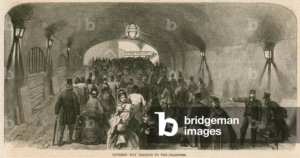 Charing Cross Station, London: Covered way leading to the platform (engraving)